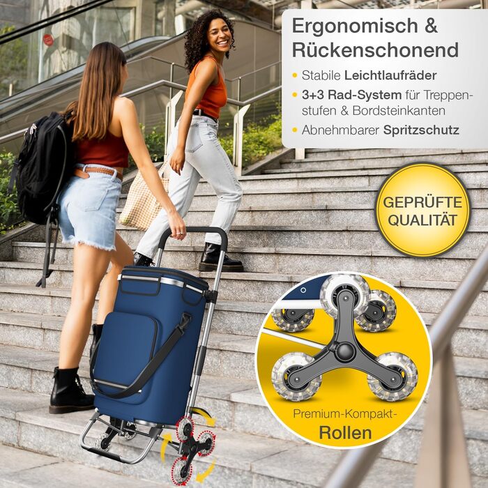 Stair Climber Shopping Trolley with Cooler Compartment, Folding Shopping Cart, Height-Adjustable Shopping Trolley, Reflectors, Removable 43 L Bag, Hackenporsche (Stair Climber Trolley, Navy)