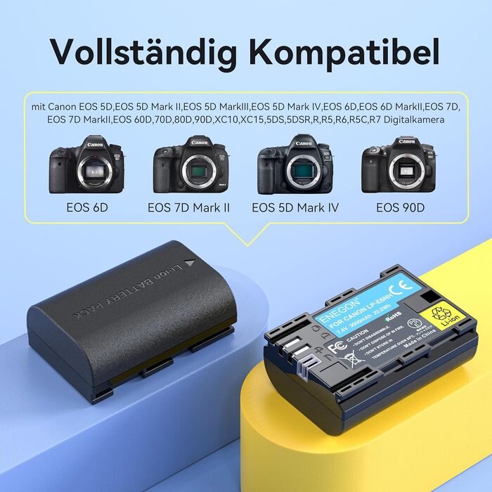 Зарядний пристрій ENEGON LP-E6NH 20W Dual-Akku з LCD-дисплеєм (2x 3000mAh) для Canon EOS 5D, 6D, 7D, 60D, 70D, 80D, 90D, XC10, XC15, R, R5, R6, R7