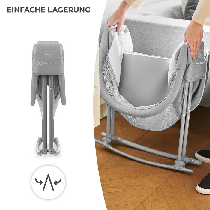 Kinderkraft 3-in-1 Crib LOVI, Travel Crib, Moses Basket, Baby Bassinet, Baby Bouncer, Foldable, Easy Transport, with Accessories, Bag, Mosquito Net, from Birth to 9 kg, Grey Grey Single
