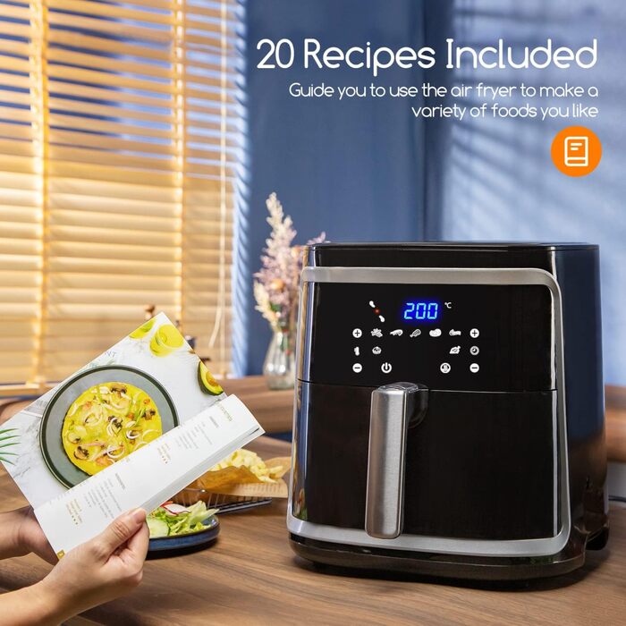 Aigostar Cube - 7L XXL Hot Air Fryer, 1900W Air Fryer, 7 Programs, Keep Warm, 20 Recipes, Oil-Free, for 6-10 People, Air Fryer with Digital LED Touchscreen, Black