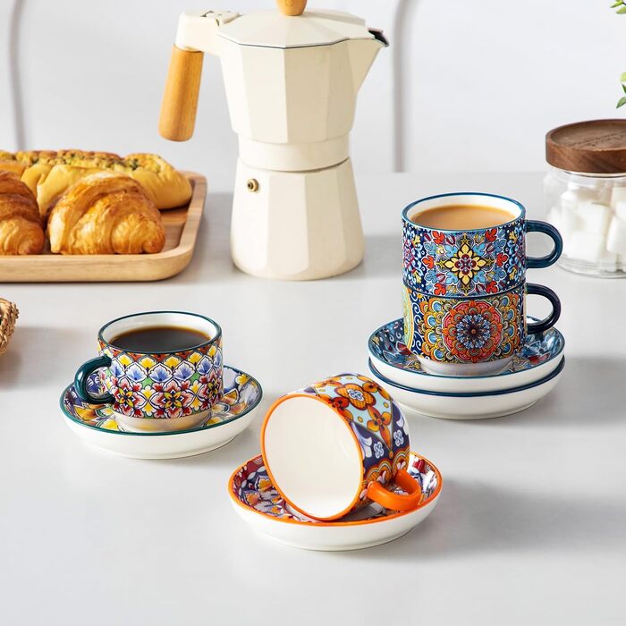 Набір чашок для еспресо Vancasso 4 шт., 150 мл SIMI: чашки з підставками та стійкою, керамічні, для капучино, еспресо, лате