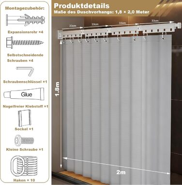 Шторка для душу з розсувною штангою без свердління, 4 секції, обертається, алюмінієвий сплав, водонепроникний антибактеріальний душ-завіса 180x200 см, для ванної кімнати та ванни (білий/сірий)