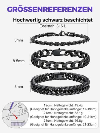 Набір чоловічих браслетів Richsteel з нержавіючої сталі (3 шт.), чорний/сталь/золото, 9/8/4 мм, довжина 19/21/23 см, для подарунка