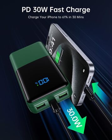 Power Bank Coblob 27000mAh з LED дисплеєм, 3 входами/виходами, USB-C 30W, для смартфонів, планшетів, AirPods та іншого (темно-зелений)