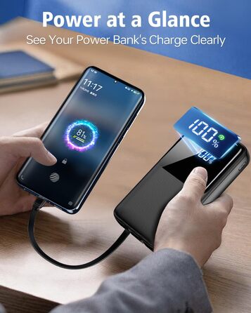 Power Bank 40000mAh з 3 портами USB та 2 кабелями, чорний. Сумісний з iPhone, Samsung Galaxy