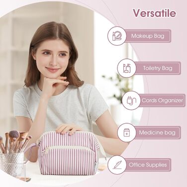 Косметичка жіноча Narwey для подорожей: зручна та містка сумка для косметики та аксесуарів (сіро-блакитний, рожеві смуги)