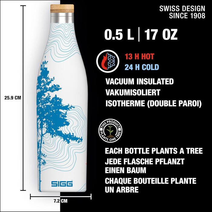 SIGG - Insulated Drinking Bottle - Meridian - Leak-proof - Extra slim - BPA-free - Plastic-free - Double-walled 18/8 Stainless Steel - Bamboo Screw Cap - 0.5L / 0.7L (Sumatra Tree, Sumatra 0.5 L)