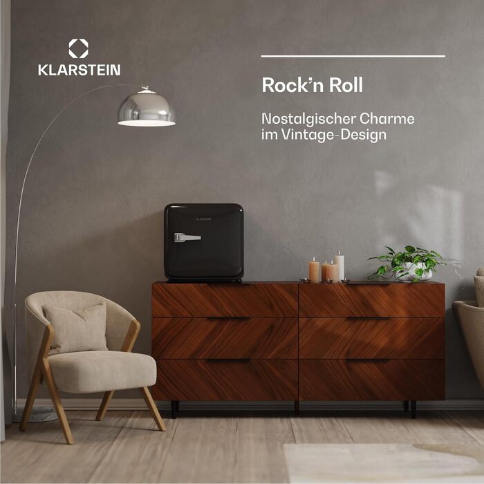 Klarstein Mini Fridge with Freezer Compartment - 32L Compact Refrigerator for Drinks & Cosmetics, Retro Mini Bar, Quiet Small Fridge, Skincare Fridge for Room (43L, Energy Class E, Black)