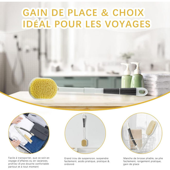 Рюкенbürсте для спини 50 см: складана щітка для душу з довгим руків'ям для ексфоліації, суха щітка для душу, щітка для ванни з змінною насадкою, підходить для людей похилого віку