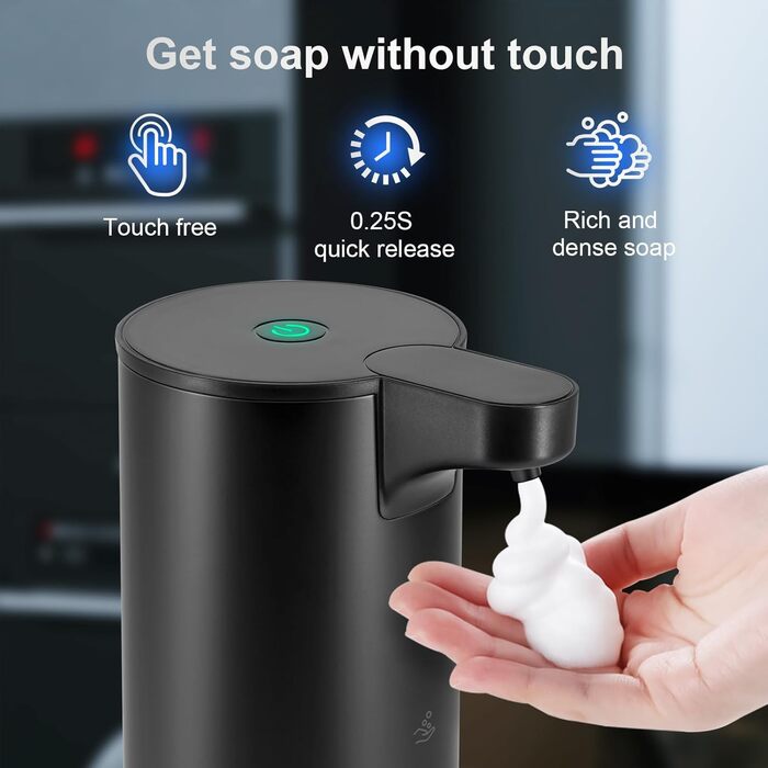 Automatic Soap Dispenser Stainless Steel Foam Soap Dispenser Electric - LAOPAO Soap Dispenser Set IPX5 Waterproof USB-C Charging with Sensor Infrared Motion Sensor for Kitchen & Bathroom (Black)