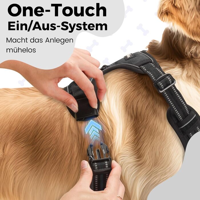 Шлейка для собак Funfox, середнього розміру, анти-тяга, регульована, з ручкою та світловідбиваючими смугами, чорна, L