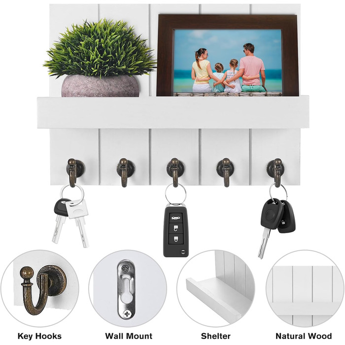 Дерев'яне ключниця з поличкою, 5 гачків, для прихожої, спальні, вітальні, білий колір