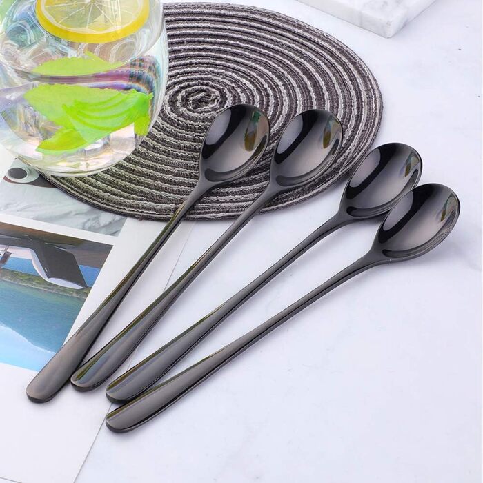 Набір довгих ложок для лате макіато та десертів із нержавіючої сталі 304, 20.5 см, 8 шт, чорні