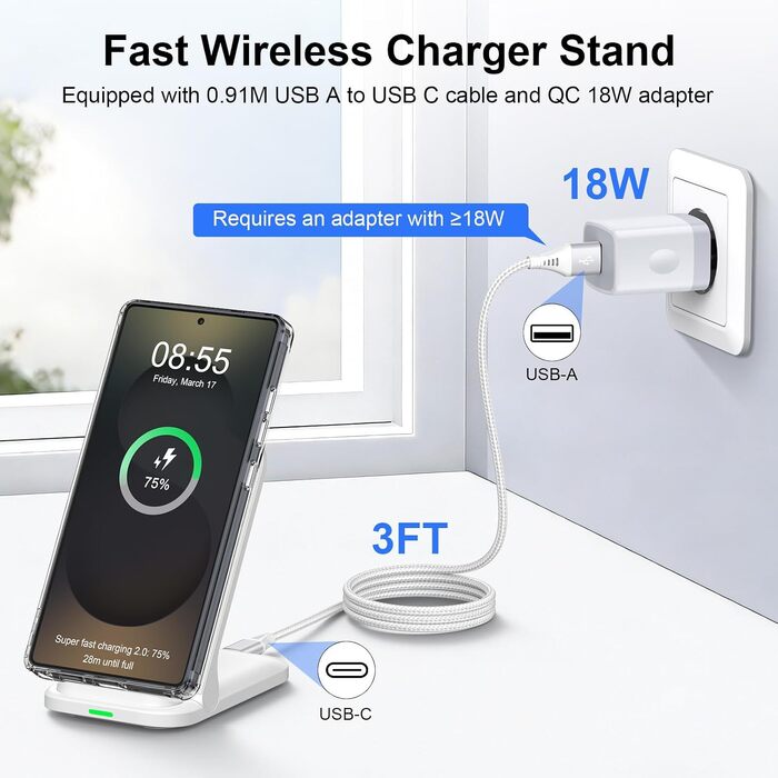 Бездротова зарядка Samsung 15W з адаптером 18W для Galaxy S25/S24/S23/S22/S21/S20, iPhone 17-11, Google Pixel 10/10 Pro/9 Pro – біла, складна