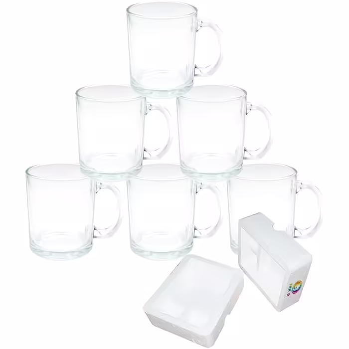 MR.R 11oz Sublimation Blanks Glass Clear Transparent Mug, Coffee Cups with Handle for Heat Transfer Thermal Coatings, Set of 6