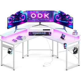 Ігровий стіл ODK з LED підсвічуванням, 2 розетками та 2 USB портами, простора підставка для монітора, комп'ютерний стіл для геймерів з вуглецевого волокна, білий, 129x129 см
