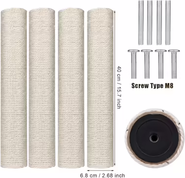 4 Replacement Scratching Post Stems, 40 cm Replacement Parts Scratching Post Stems with M8 Screws Cat Tree Scratching Post Scratching Post Sisal for Kittens Cat Tree Tower