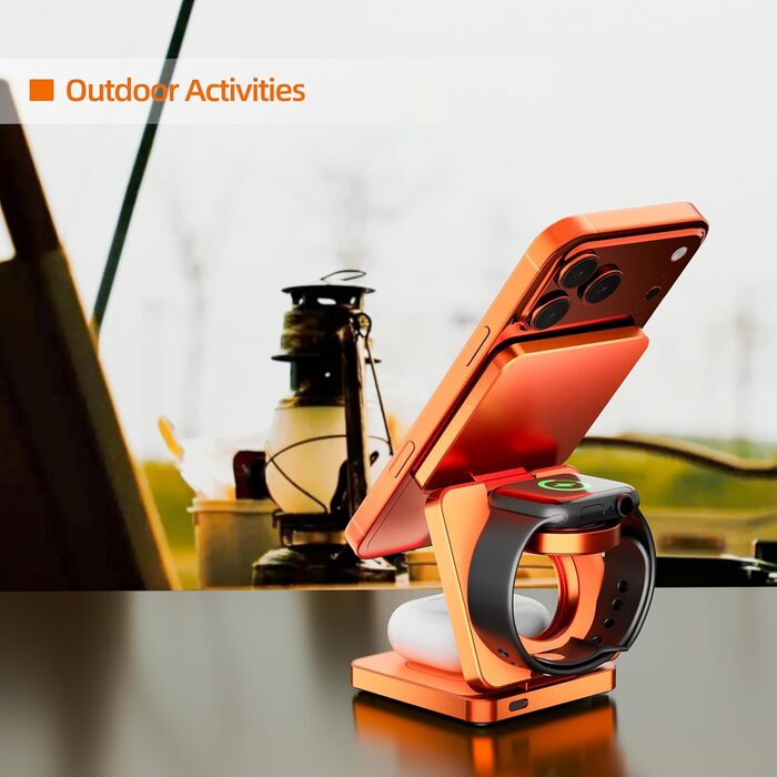 MagSafe зарядна станція 3-в-1: бездротовий зарядний пристрій 25W для iPhone 12-17, Apple Watch, AirPods (Qi, складна, помаранчева)