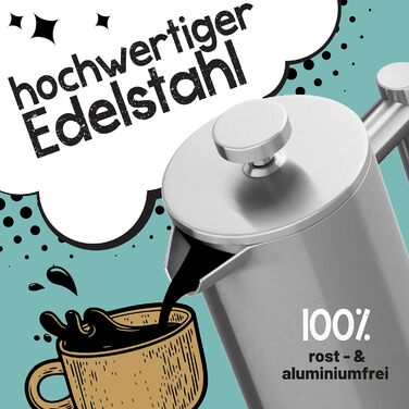 Morning Hero Premium Stainless Steel French Press, large size for 5 cups, 1000 ml, metal coffee press, induction suitable, 1l thermal insulated carafe, barista coffee maker, double-walled, manual coffee pot, 1000ml, 1000ml (5 cups)