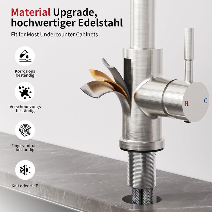 Кран кухонний Rainsworth з висувною лійкою та душем, 360° поворот, нержавіюча сталь, висота 56 см