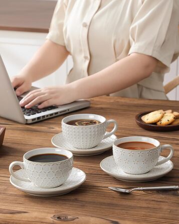Набір кавових чашок MALACASA з блюдцем, 8 шт., для 4 особи, з рельєфом, 180 мл, кераміка, бежевий