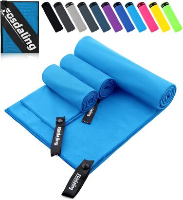 Набір з 3 рушників з мікрофібри: великий 180x90 см та 2 маленькі 80x40 см. Швидковисихаючі рушники з мікрофібри для спорту, подорожей, басейну та пляжу (небесно-блакитний)