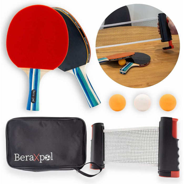 BERAXPOL Набір для настільного тенісу преміум-класу, портативний, з висувною сіткою | 3 м'ячі | Сумка для перенесення | Сімейний відпочинок | Подарунок