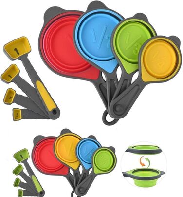 Collapsible Measuring Cup and Spoon Set, 16-Piece Portable Silicone Measuring Cup and Spoon, Food-Grade Silicone Measuring Tool Set, Yellow-Green Color (Random Rainbow)