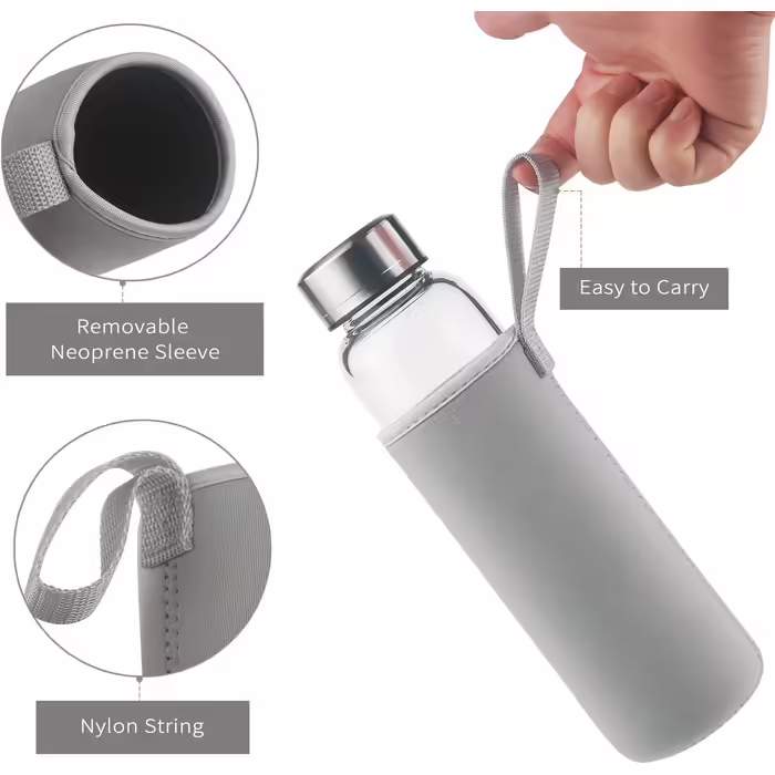 Glass Drinking Bottle, Sport Borosilicate Glass Water Bottle with Neoprene Sleeve with Leak-Proof Stainless Steel Lid 500 ml / 1000 ml / 1 Liter