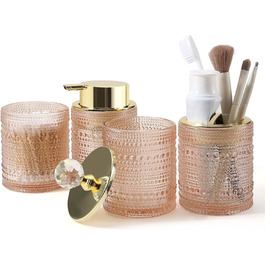 Набір аксесуарів для ванної кімнати Dasiton (4 шт.) з дозатором для мила, тримачем для зубних щіток, стаканом для полоскання та контейнером для ватних паличок (зелений/рожевий)