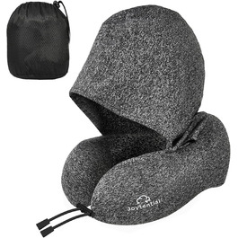 Подушка для шиї в літак з капюшоном, Memory Foam, регульована, для дорослих, авто, офіс (сіра)
