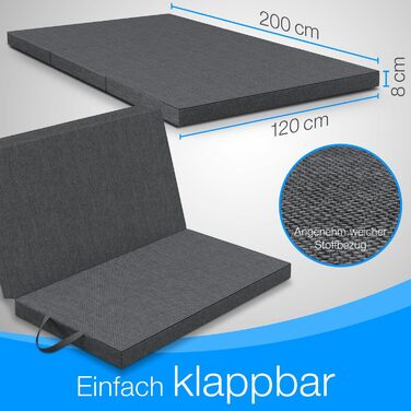 Складний матрац ELONEO maxVitalis 140x200 см з чохлом, 8 см, ортопедичний, для гостей, подорожей, складаний гостьовий матрац, знімний і праний чохол