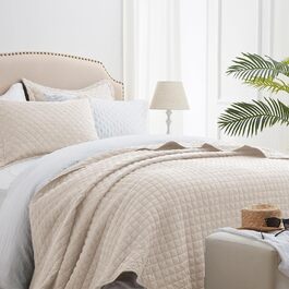 Комплект постільної білизни SunStyle Home для двоспального ліжка (Queen-Size), легкий, м'який, двосторонній, на всі сезони, 3-частинний комплект з ромбоподібним стеганням, ковдра приблизно 229 x 244 см, 2 наволочки Full/Queen (90'x96'), колір: слонова кістка, з діамантовим візерунком