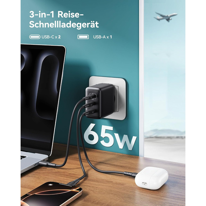 Зарядний пристрій INIU 65W USB-C/USB-A GaN, швидка зарядка для MacBook, iPad, iPhone, Samsung Galaxy, Pixel - Чорний