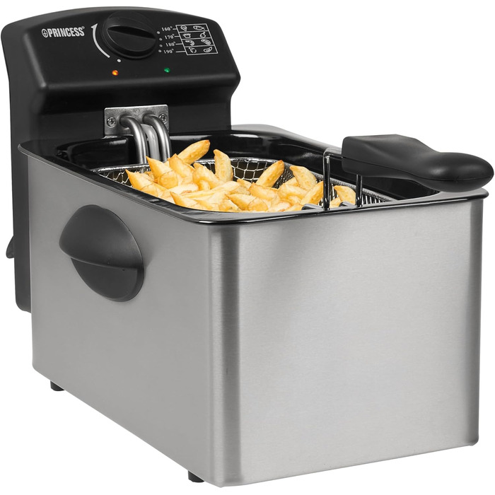 Princess Fritteuse – 2000 Watt, 4 Liter capacity, 800 g filling quantity, 4 people, thermostat, Cold Zone 182642, 01.182642.01.001, Silver