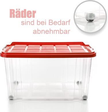 BigDean 4-Piece 60L Storage Box with Lid Large Steel - Stackable, Robust Box, BPA-Free - Rollable Stack Box with Secure Click Closures - Made in Germany (Red Transparent)