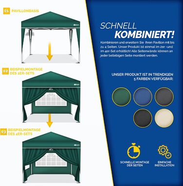 tillvex® for 3x3m Pavilion | Folding Pavilion Side Walls Water-Repellent | Side Windows & Zipper | Side Walls for Garden Tent Party Tent (4x Side Wall, Green)