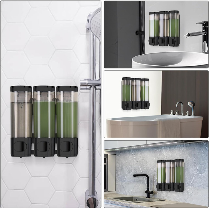 Wall-Mounted Soap Dispenser, Shampoo & Body Wash Dispenser, 3-Piece Set Soap Dispenser No Drilling, Even Liquid Dispensing, Leak-Proof. Suitable for Shampoo, Body Wash, Liquid Soap, Conditioner. (Black)