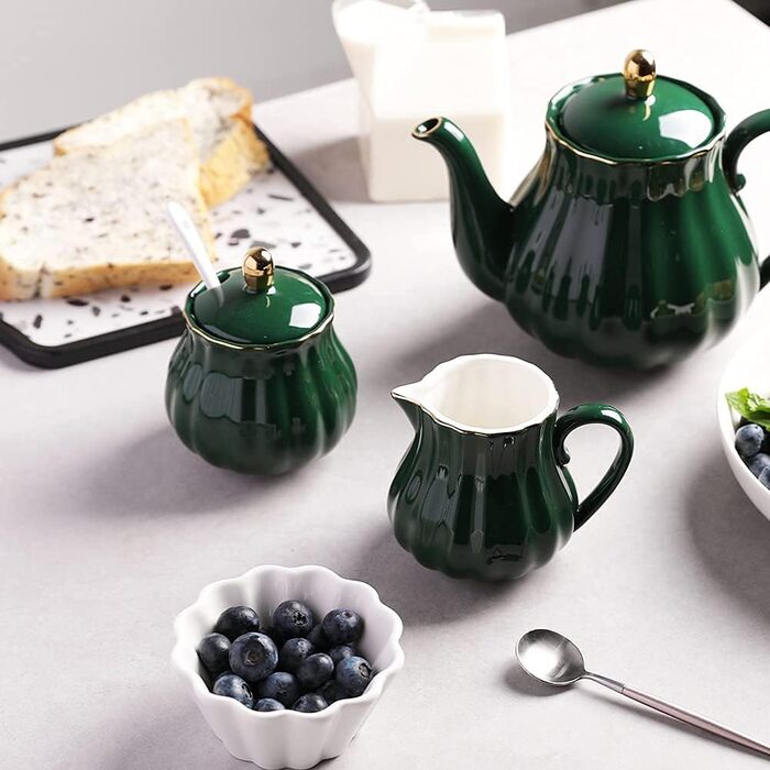 Jade Royal Ceramic Sugar and Creamer Set - 3 Piece Coffee Service & Gift Set