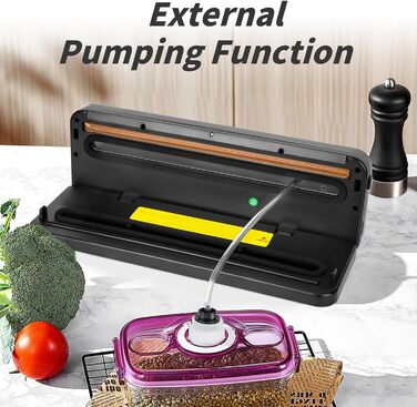 Вакуумний пакувальник 6-в-1 з цифровим LED-дисплеєм та 30 см зварювальною лінією, 50 шт. вакуумних пакетів, зовнішній шланг, для сухих та вологих продуктів, срібла