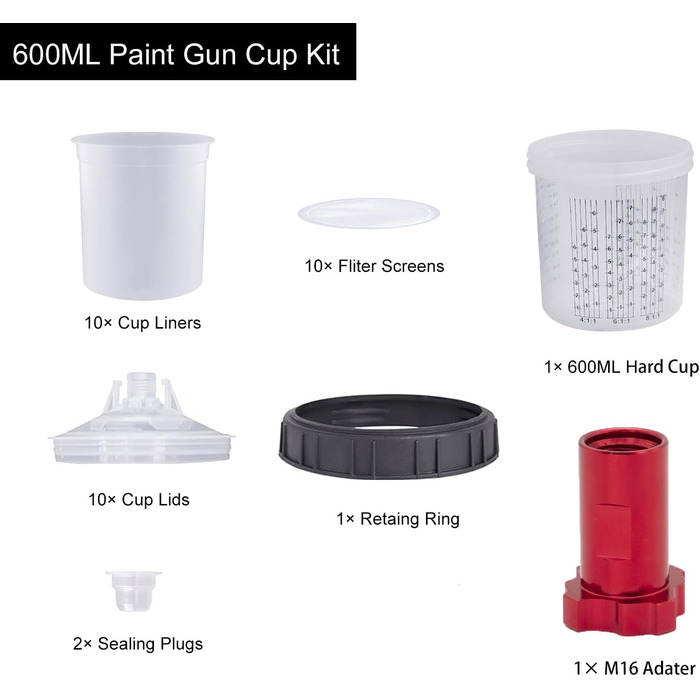 Spray Gun Mixing Cup, Lid and Liner System with 10 Mixing Cups, 10 Lids, 10 Filters, 1 Hard Cup with Retainer Ring, 2 Plugs, 1 Adapter M16x1.5 (600ML)