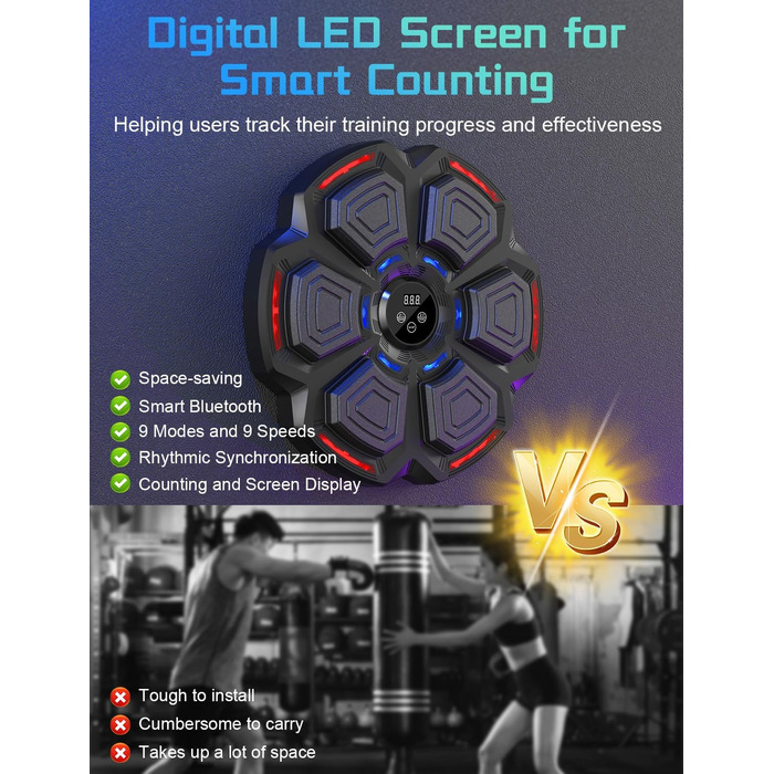 AONESY Music Boxing Machine - Bluetooth Punching Bag with LED Lights, 9 Speed Modes & Counter for Adults & Kids