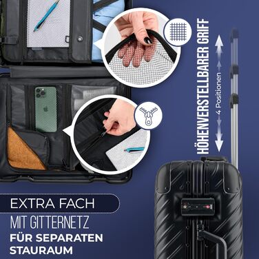 Чорний ручний багаж 20 дюймів з алюмінієвим каркасом | Валіза на колесах, водонепроникна, з кишенею для ноутбука, захист кутів