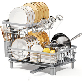 LIONONLY Dish Drying Rack, Small 2-Tier Dish Rack with Drip Tray, Stainless Steel Dish Drying Rack with Utensil Holder, Drink Holder and Swivel Spout, Dish Drying Stand Kitchen
