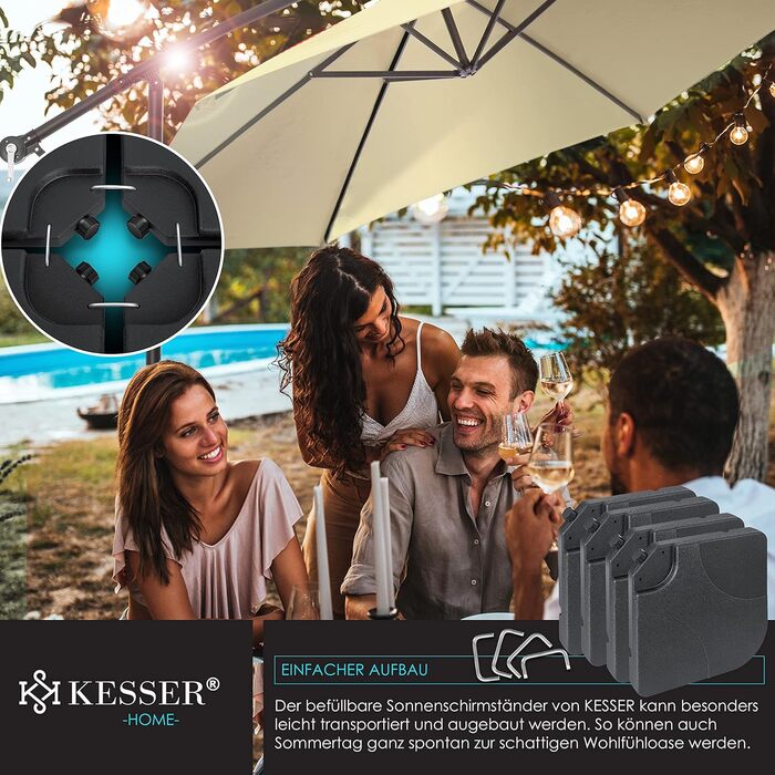 KESSER® Parasol Stand 4-Piece Umbrella Weight Umbrella Stand for Gazebo Umbrella Ground Cross 60 Liter / 80 kg Fillable with Water or Sand Includes Metal Connector Gazebo Umbrella Stand Plastic,