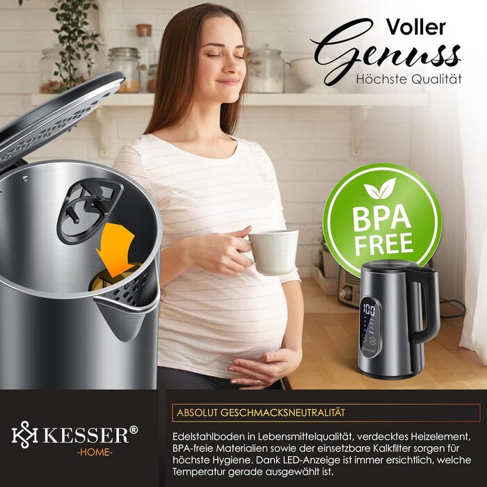 KESSER® Stainless Steel Kettle 1.7 Liter | LED Display | 4-Mode Temperature Setting 40°C-100°C | 30-Minute Keep Warm | Electric Tea Kettle 2200W BPA-Free | Scale Filter & Easy-Open Lid, Anthracite