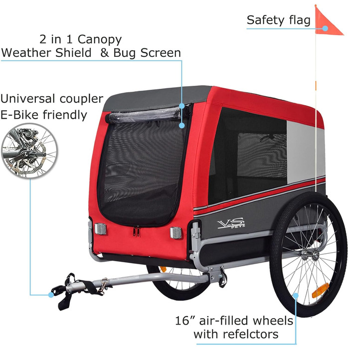 Причіп для собак Tiggo VS Pets L - великий, 270л, для собак до 35 кг, складаний, червоний