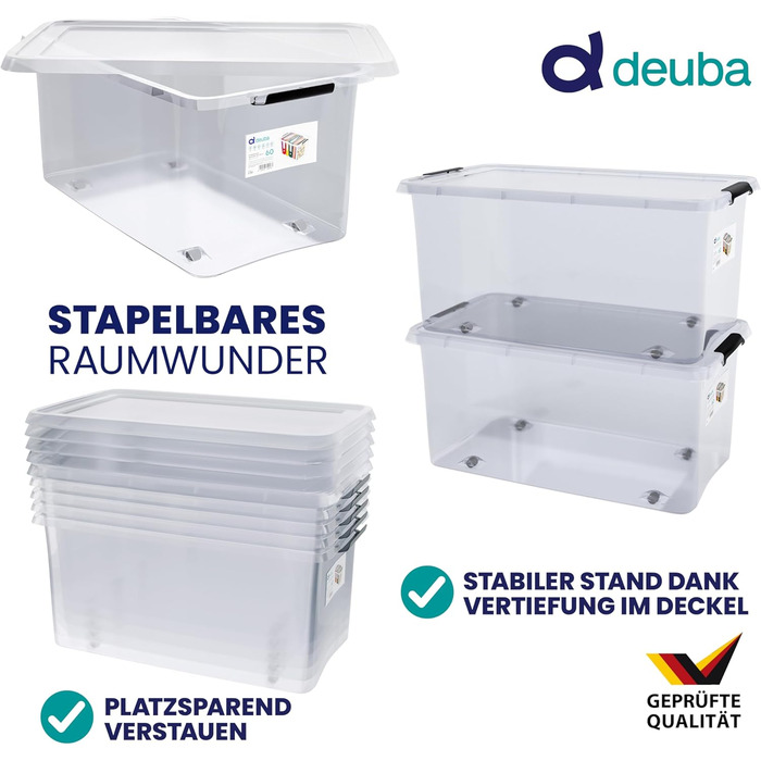 Deuba® Storage Boxes 6 x 60L with Lid and Wheels, Stackable, Transparent BPA-Free Plastic, Click Closure, RB60 for Office, Garage, Laundry Room