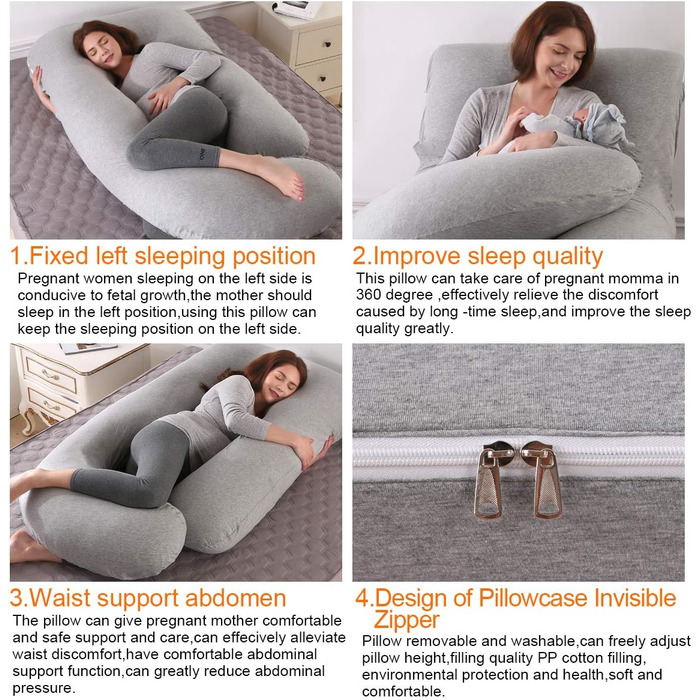 Mingfuxin Pregnancy Pillow, Large J-Shaped Full-Body Maternity Pillow with Removable Velvet Cover for Sleeping and Feeding (Knitted Cotton | Light Grey)