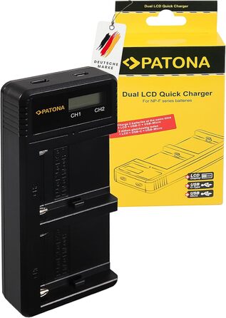 Зарядний пристрій Patona Dual LCD для акумуляторів Sony NP-F970/F750/F550/FM500H/FM50/QM71/91 – одночасний заряд 2-х акумуляторів через USB для відеокамер, світла та моніторів NP-F